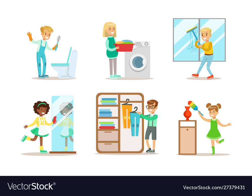 Cute children doing housework set boys and girls Vector Image