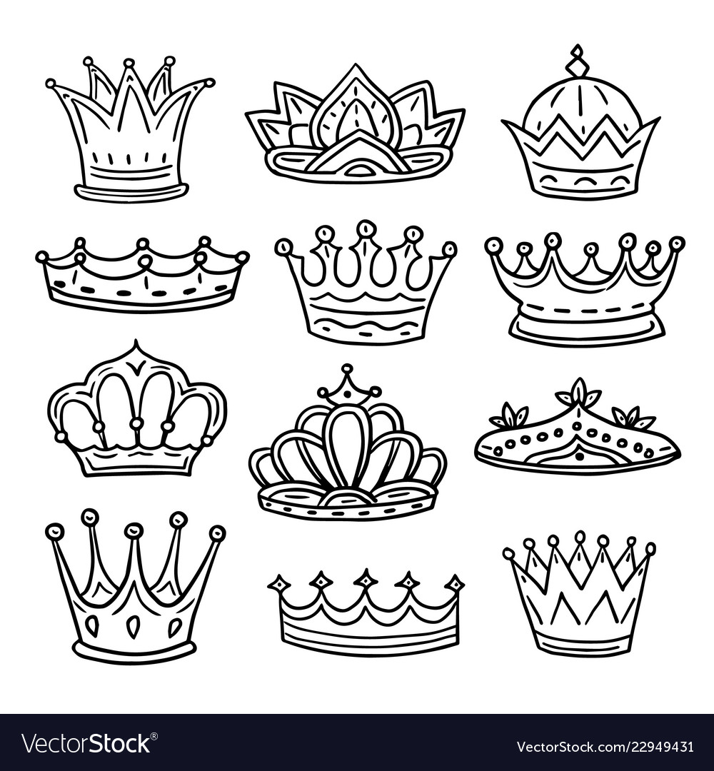 Hand drawn crowns king queen doodle crown and Vector Image