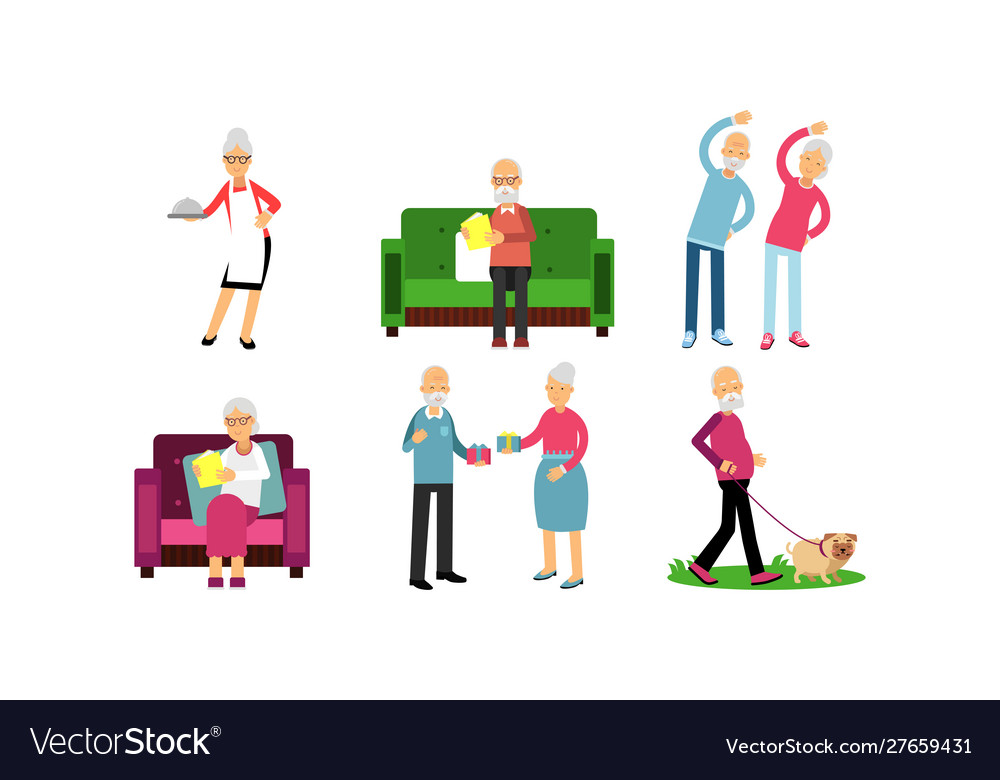 Retired active life in different actions vector image Retired active life in different actions
