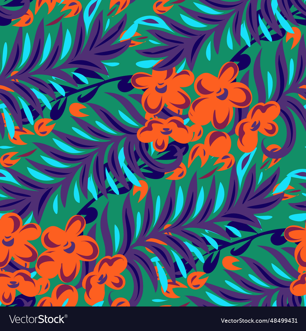 Seamless pattern with bright tropical flowers