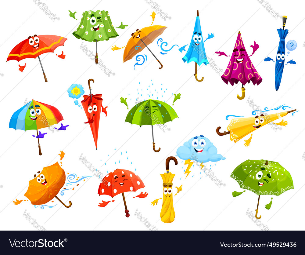 Cartoon umbrella characters with face rain storm Vector Image