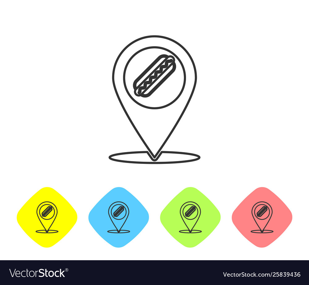 Grey map pointer with fast food hotdog line icon vector image Grey map pointer with fast food hotdog line icon
