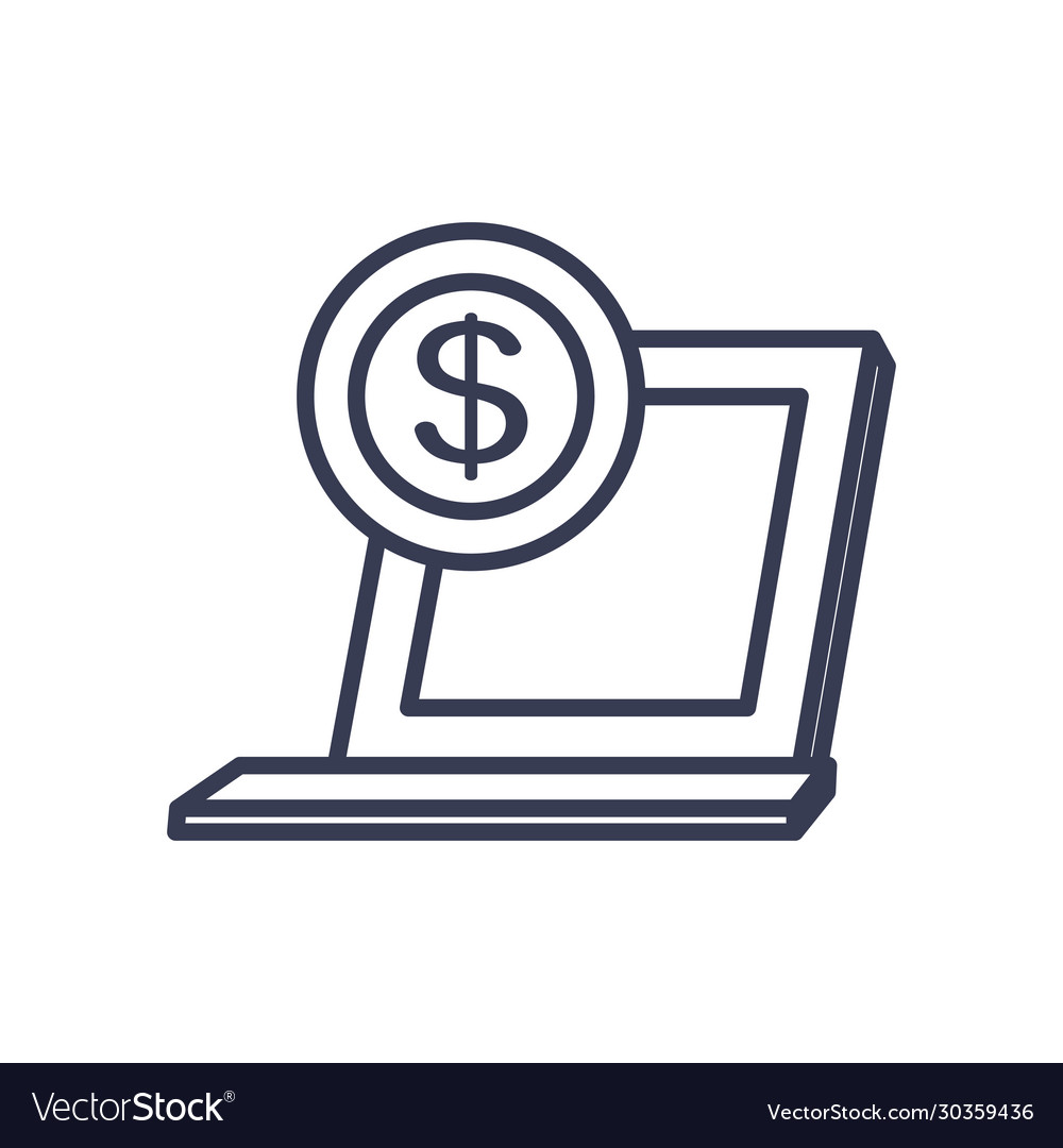 Laptop computer with money coin icon line style