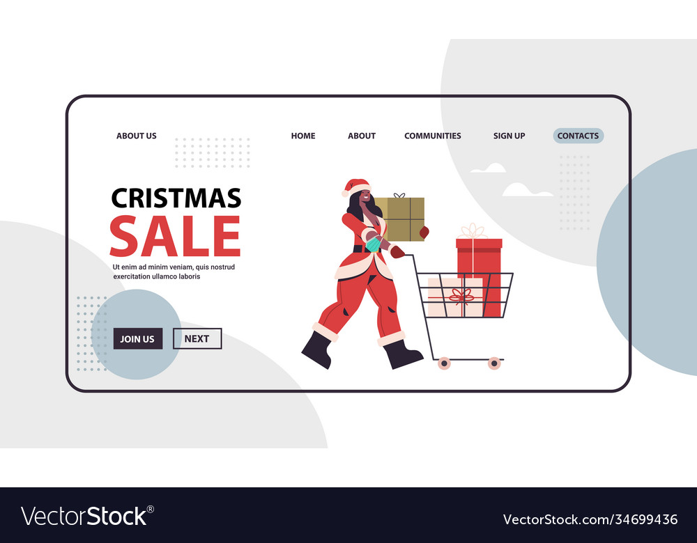 Woman in santa claus costume pushing trolley cart