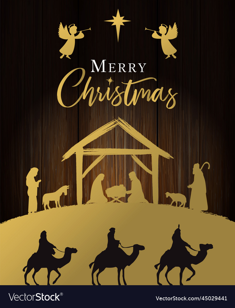 Golden nativity scene with holy family Royalty Free Vector