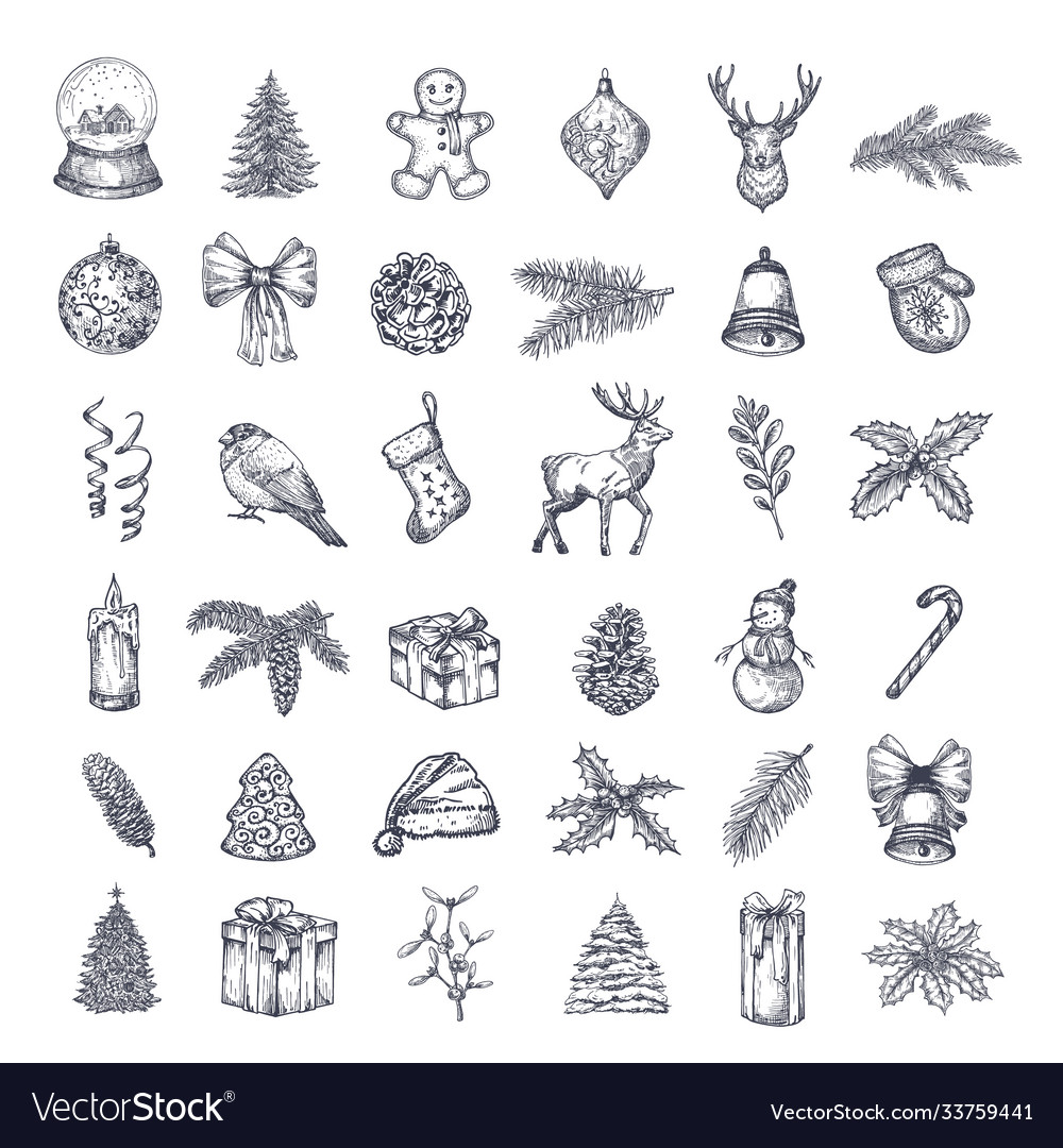 Hand drawn christmas icons bundle a collection Vector Image