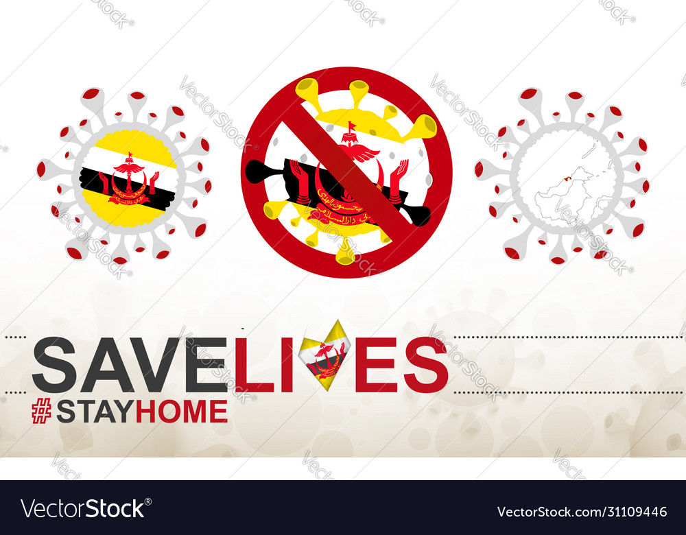 Coronavirus cell with brunei flag and map stop