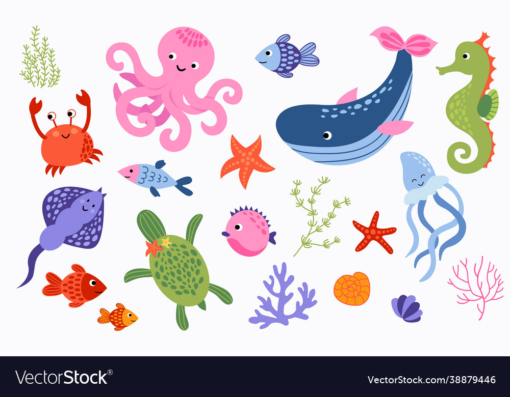 Hand-drawn set inhabitants underwater vector image Hand-drawn set inhabitants underwater