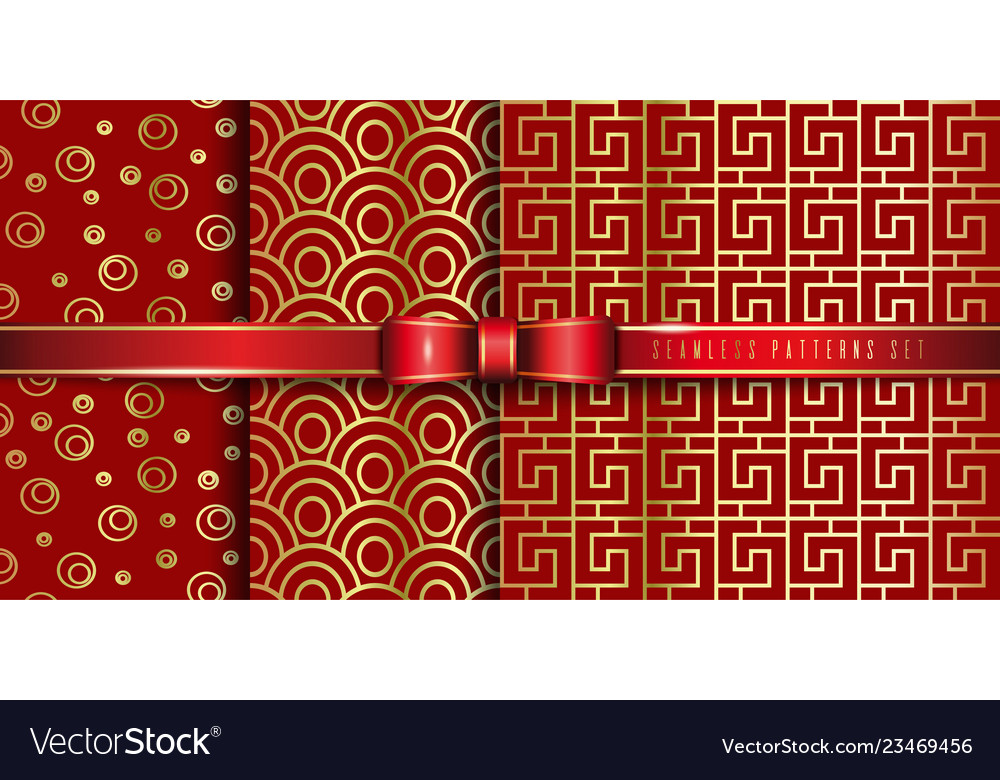 Set of golden seamless pattern on a red background