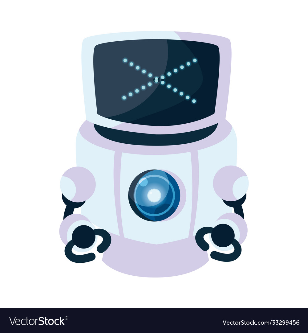 White robot cartoon with blue x design