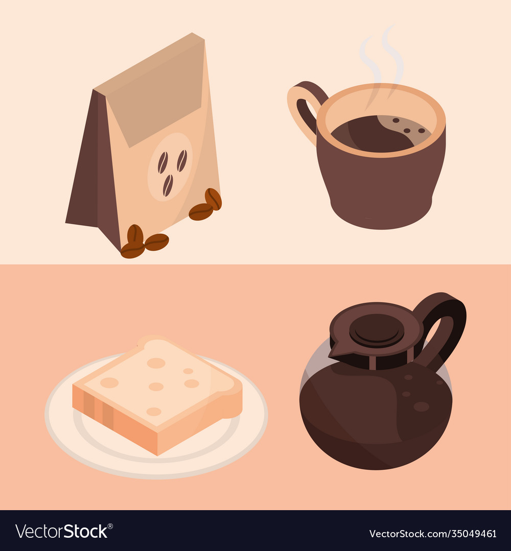 Coffee brewing package pot bread isometric icons