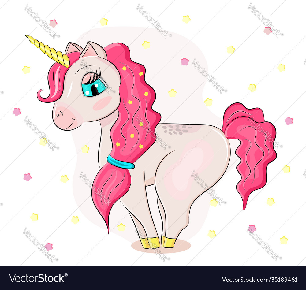 Cute baby pink unicorn isolated on stars Vector Image