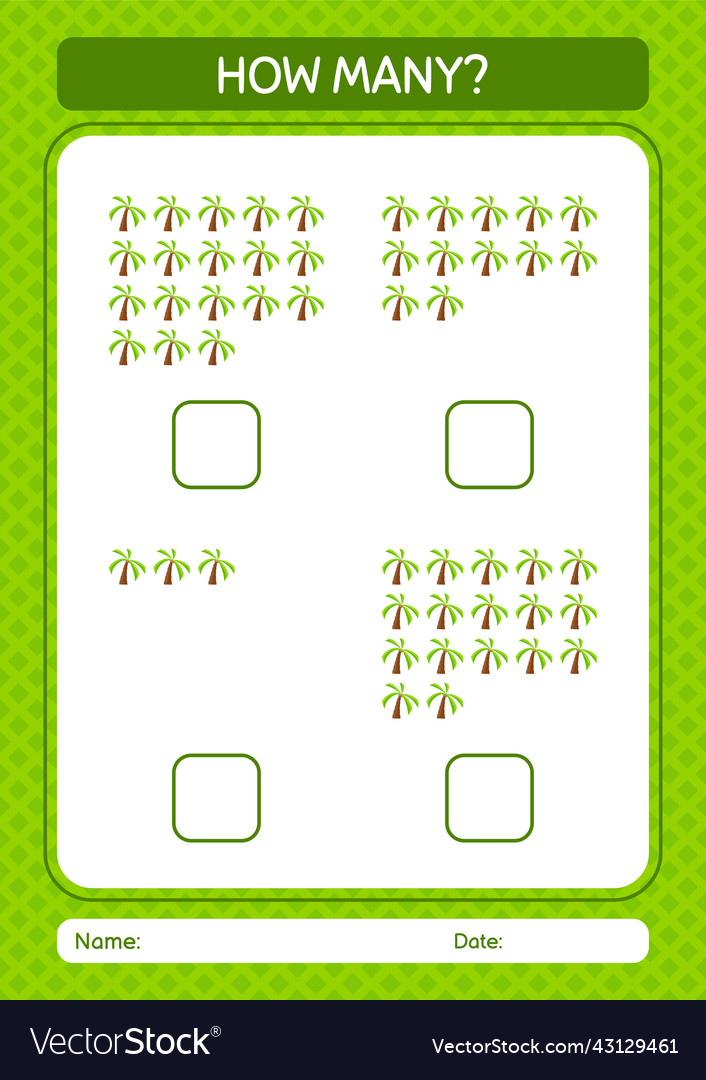 Wie viele zählen Spiel mit Kokosbaum vector image Wie viele zählen Spiel mit Kokosbaum