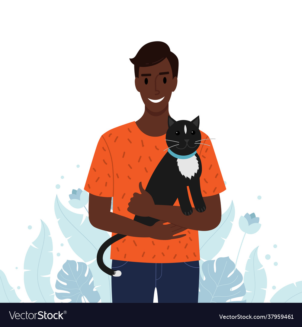 Men holds his pet cat in his arms Royalty Free Vector Image