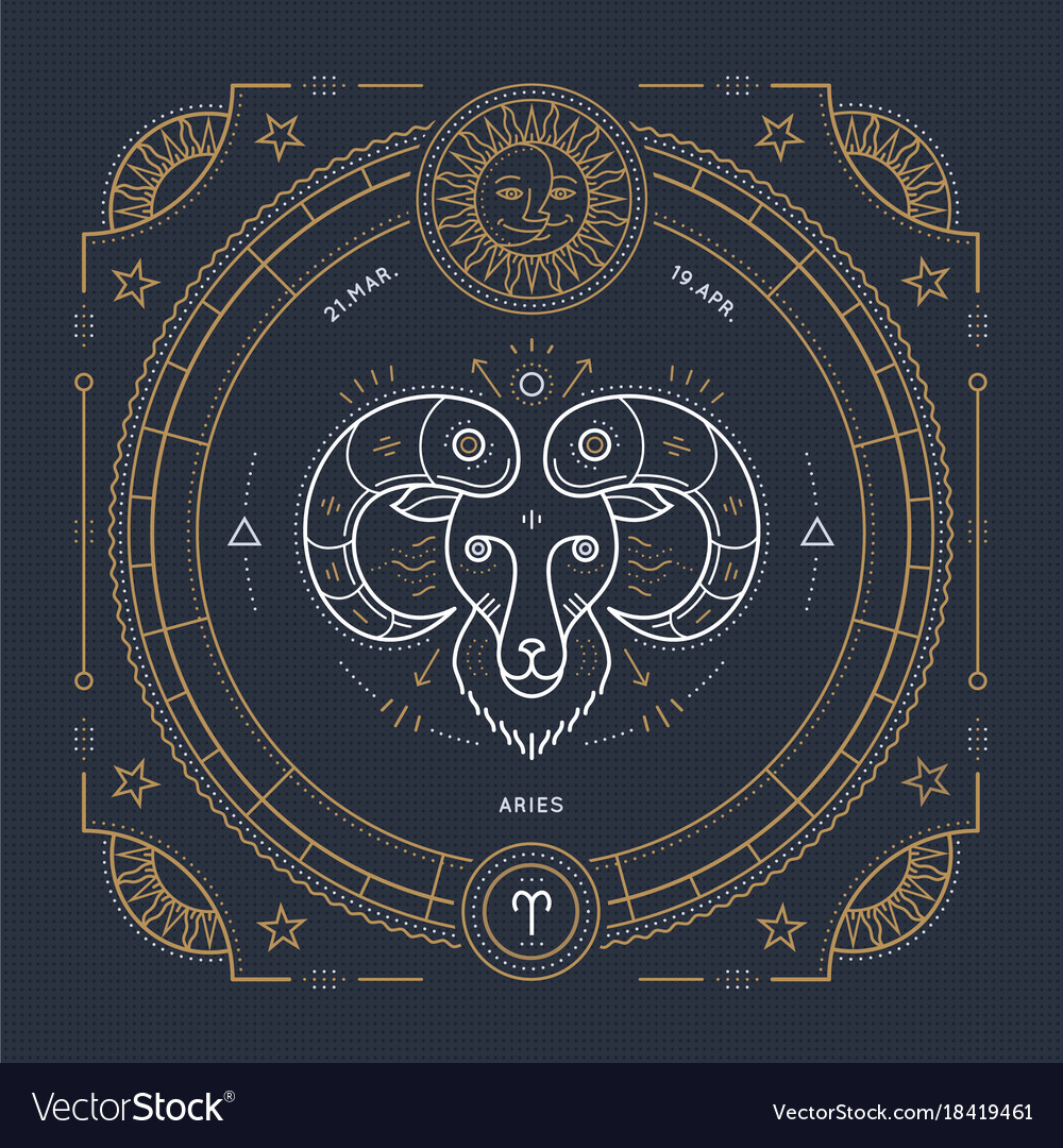 Vintage thin line aries zodiac sign label retro