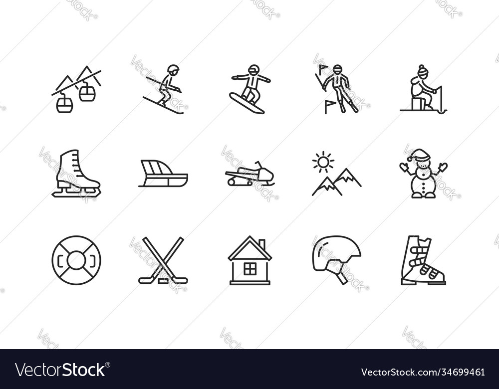 Winter sport flat line icons set