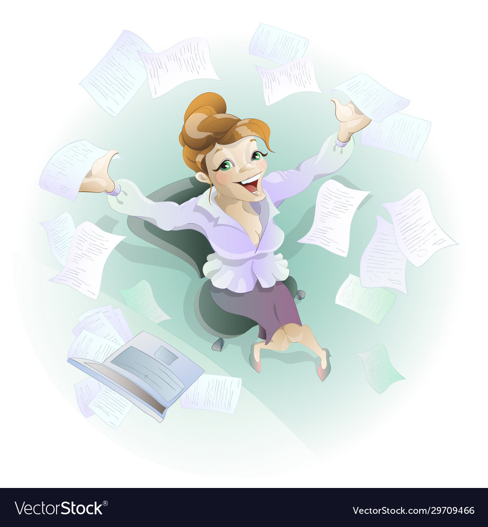 Charming worker throws papers into air