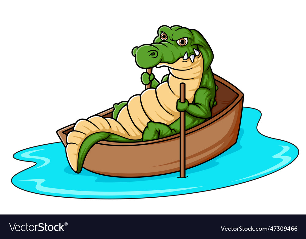 Cute cartoon crocodile rowing a wooden boat