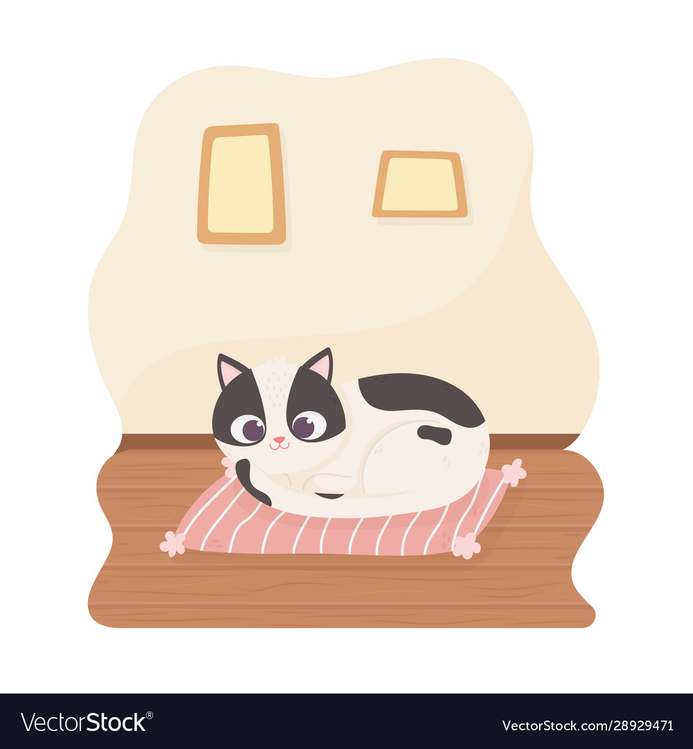 Black And White Pet Cat Resting On Cushion Cartoon