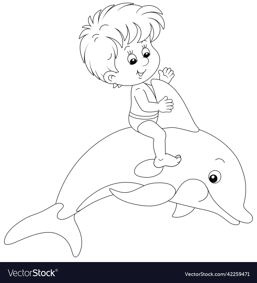 Happy little boy riding a merry playful dolphin