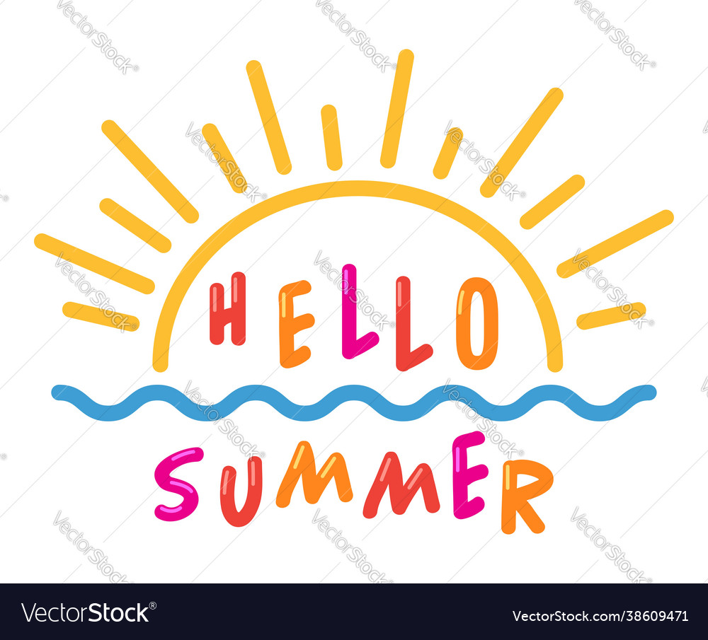 Hello summer text with sun and ocean waves symbols vector image Hello summer text with sun and ocean waves symbols