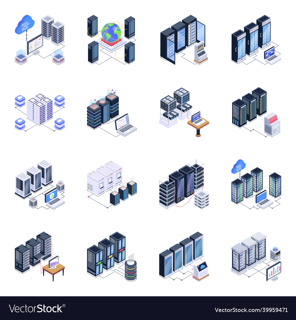 Isometric icons of storage servers in modern style