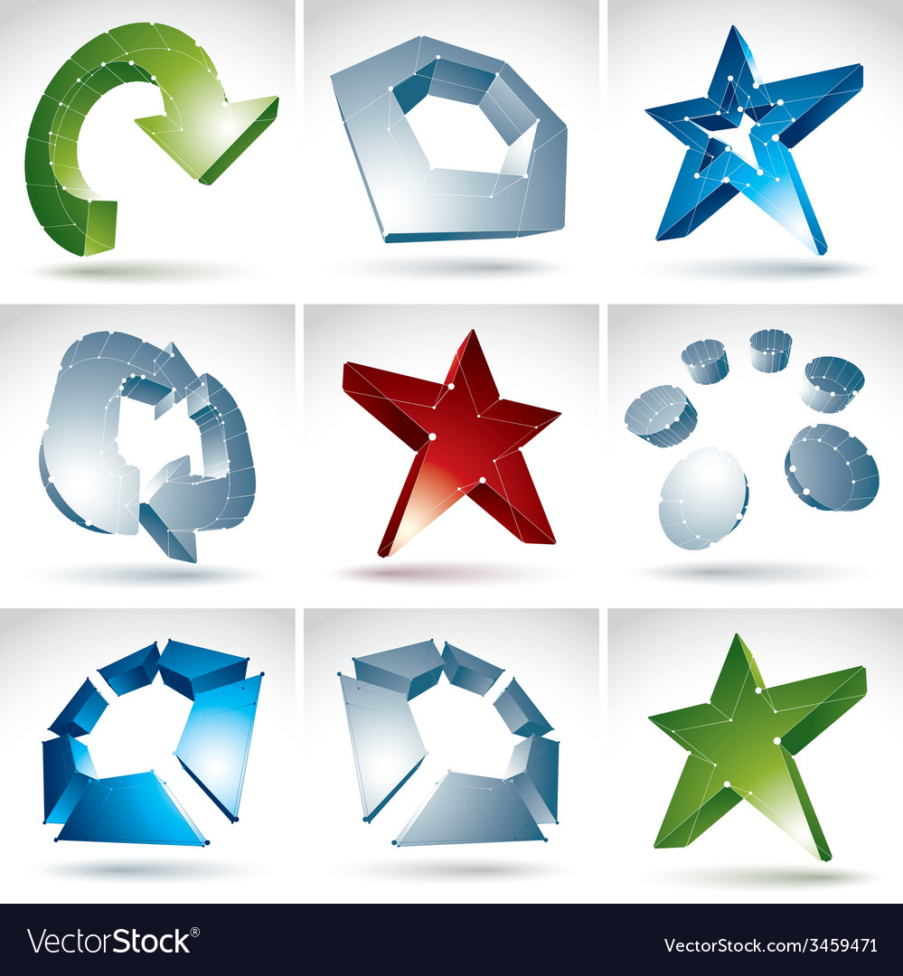 Set of 3d mesh colorful abstract objects isolated