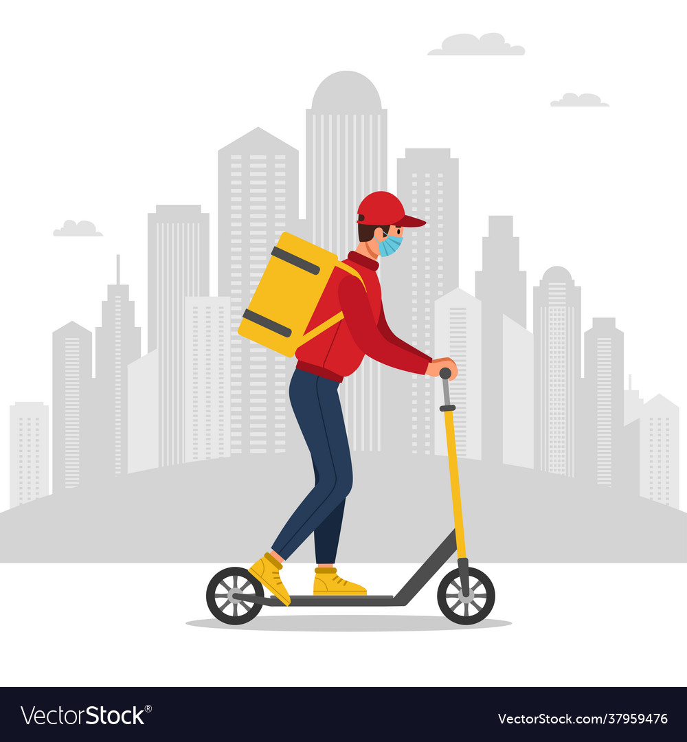 Delivery man riding a kick scooter