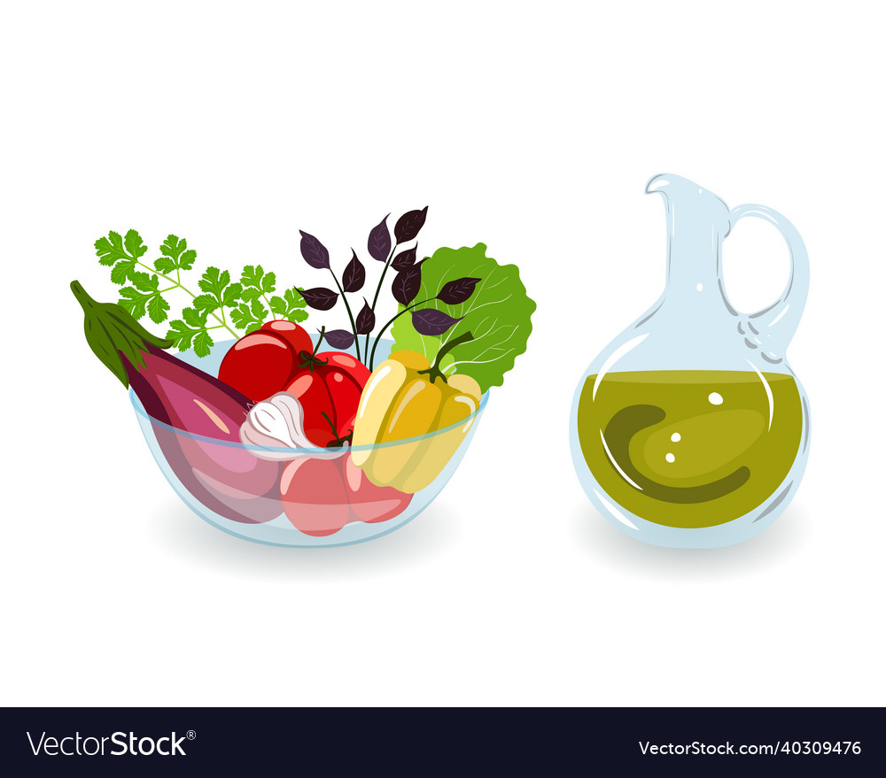 Set of vegetables for salad and olive oil tomato