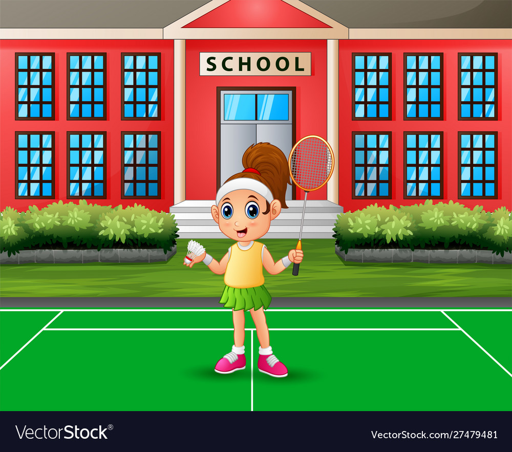 Happy girl playing badminton at school court Vector Image Happy girl playing badminton at school court Vector Image