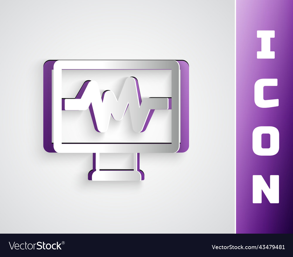 Paper cut computer monitor with cardiogram icon vector image Paper cut computer monitor with cardiogram icon