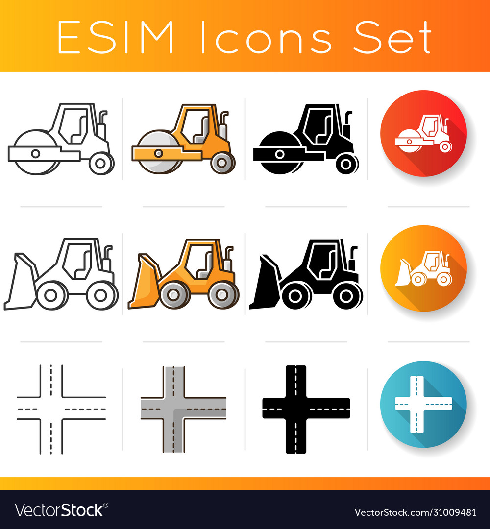 Road works icons set compactor type vehicle Vector Image Road works icons set compactor type vehicle