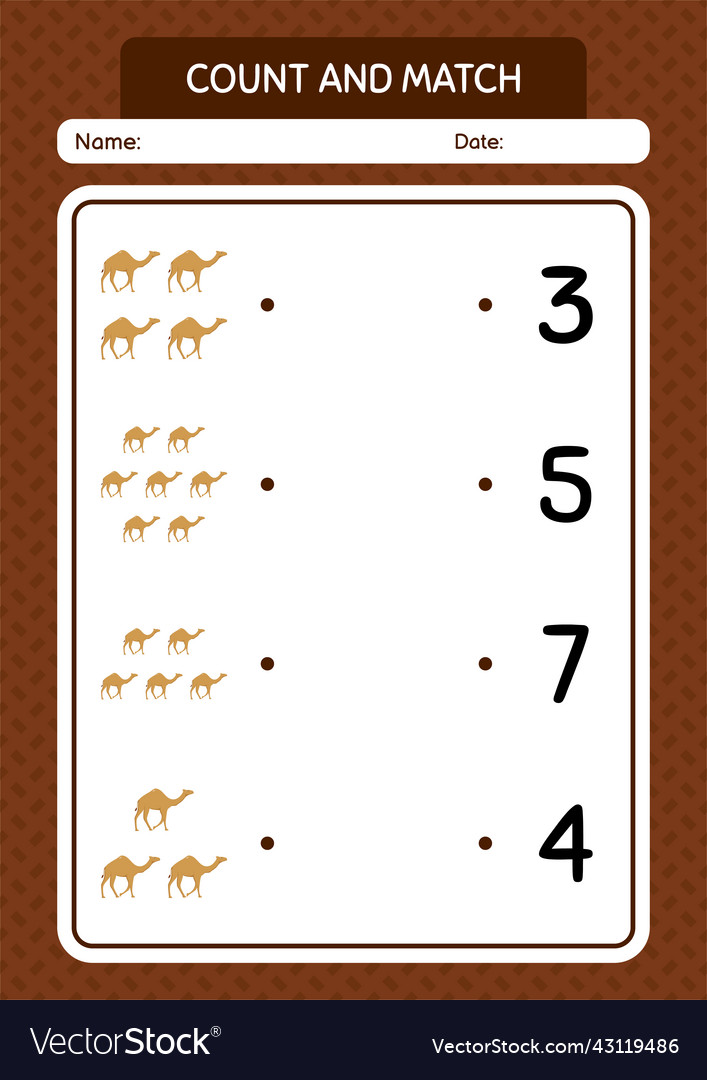 Count and match game with camel worksheet vector image Count and match game with camel worksheet