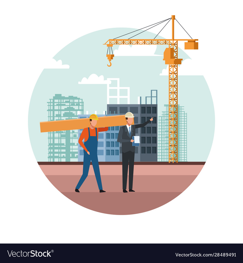 Builder and engineer working over white background