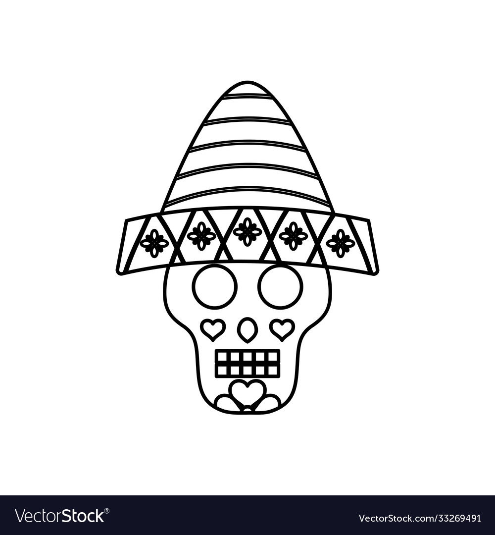 Cartoon mexican sugar skull with hat line style Vector Image