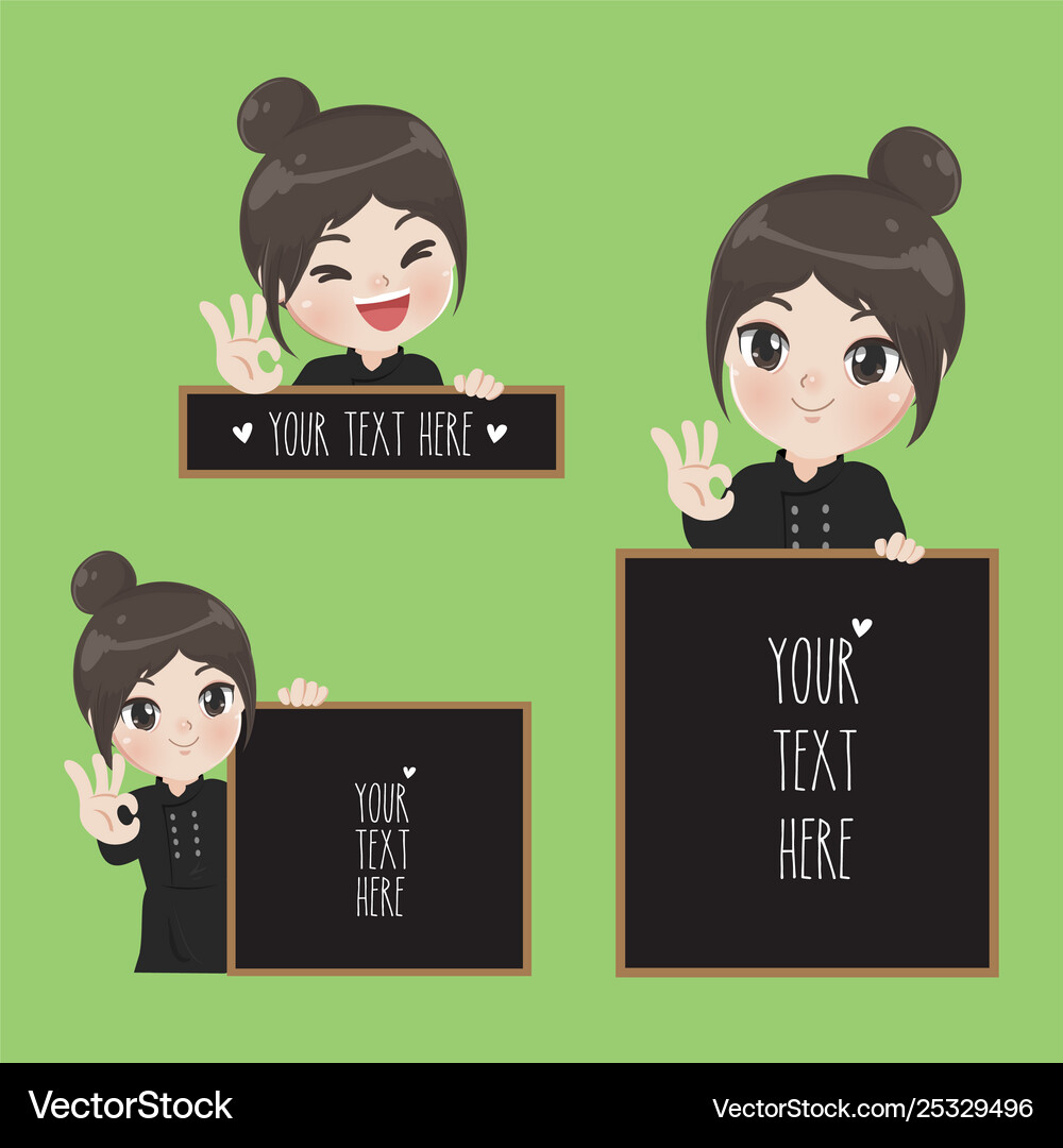 Female chef holds a signage Royalty Free Vector Image