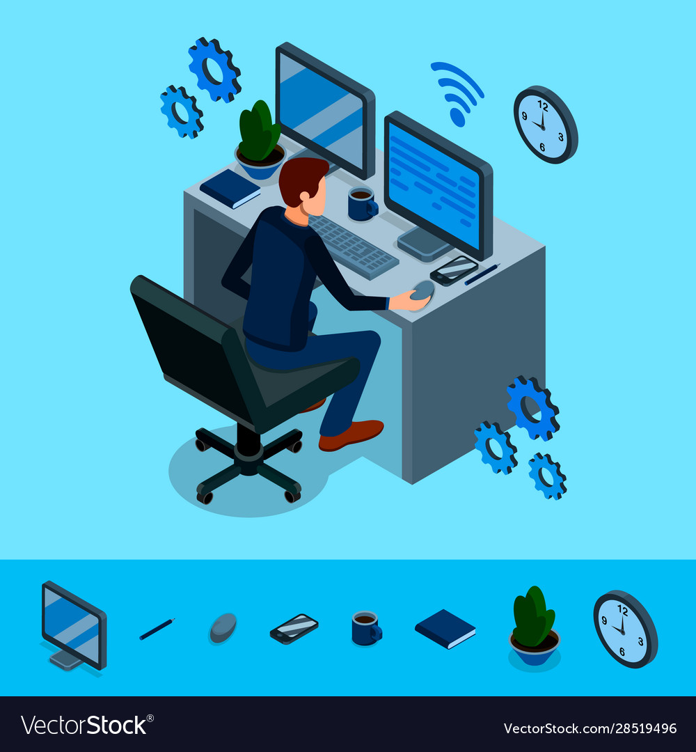 Isometric programming concept programmer vector image Isometric programming concept programmer