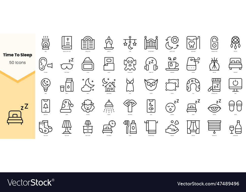 Set of time to sleep icons simple line art style vector image Set of time to sleep icons simple line art style