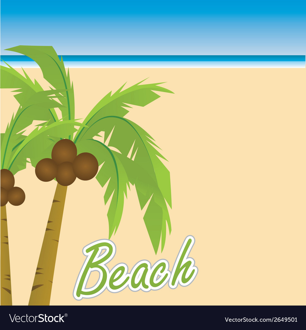 A big beach with some text and pair palm trees