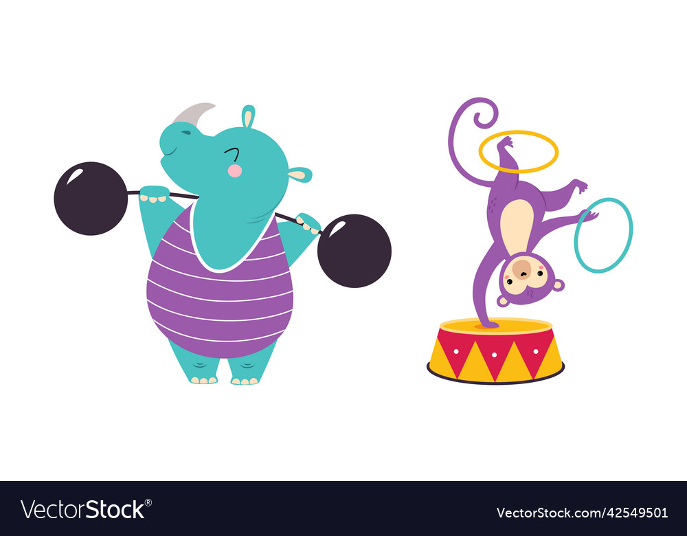Circus rhino and monkey animal with barbell vector image Circus rhino and monkey animal with barbell