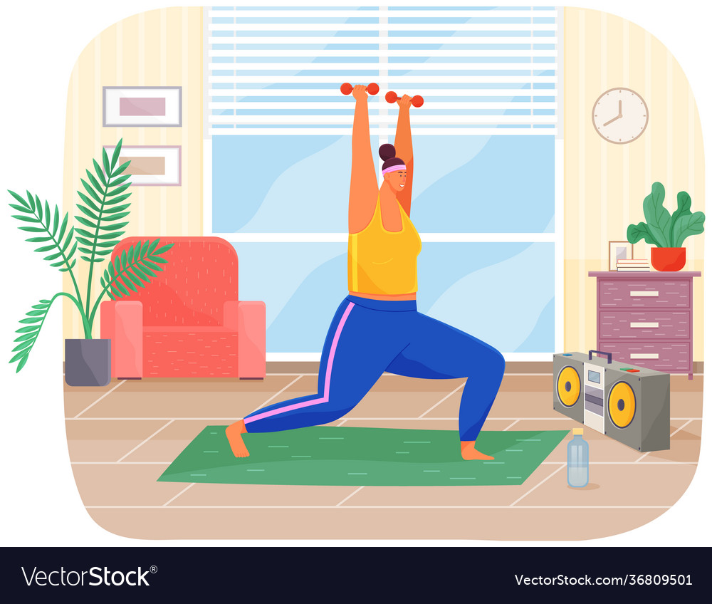 Fat woman training with dumbbells at home obese Vector Image