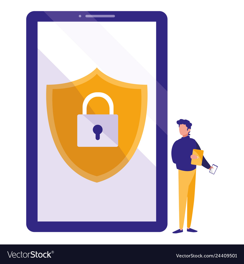 Man using smartphone with shield and padlock