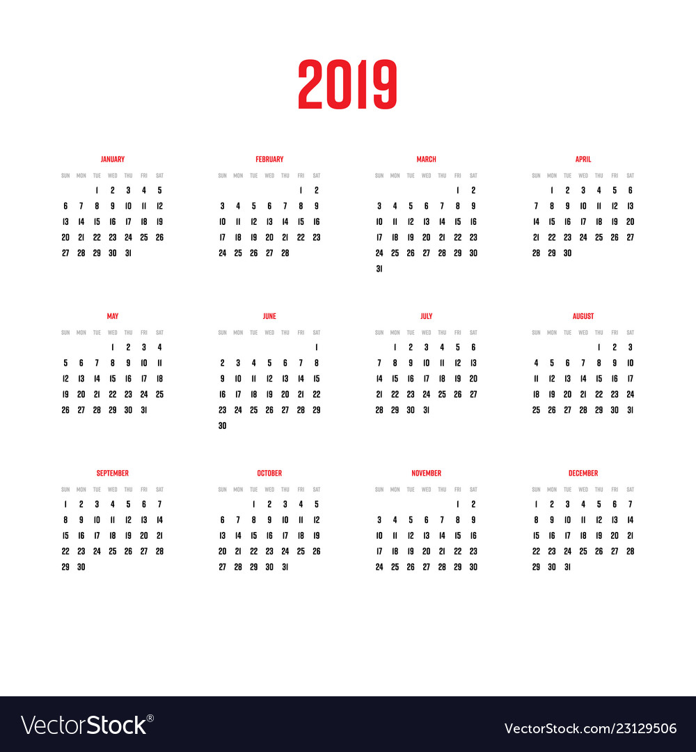 Calendar - year 2019 week starts from Royalty Free Vector