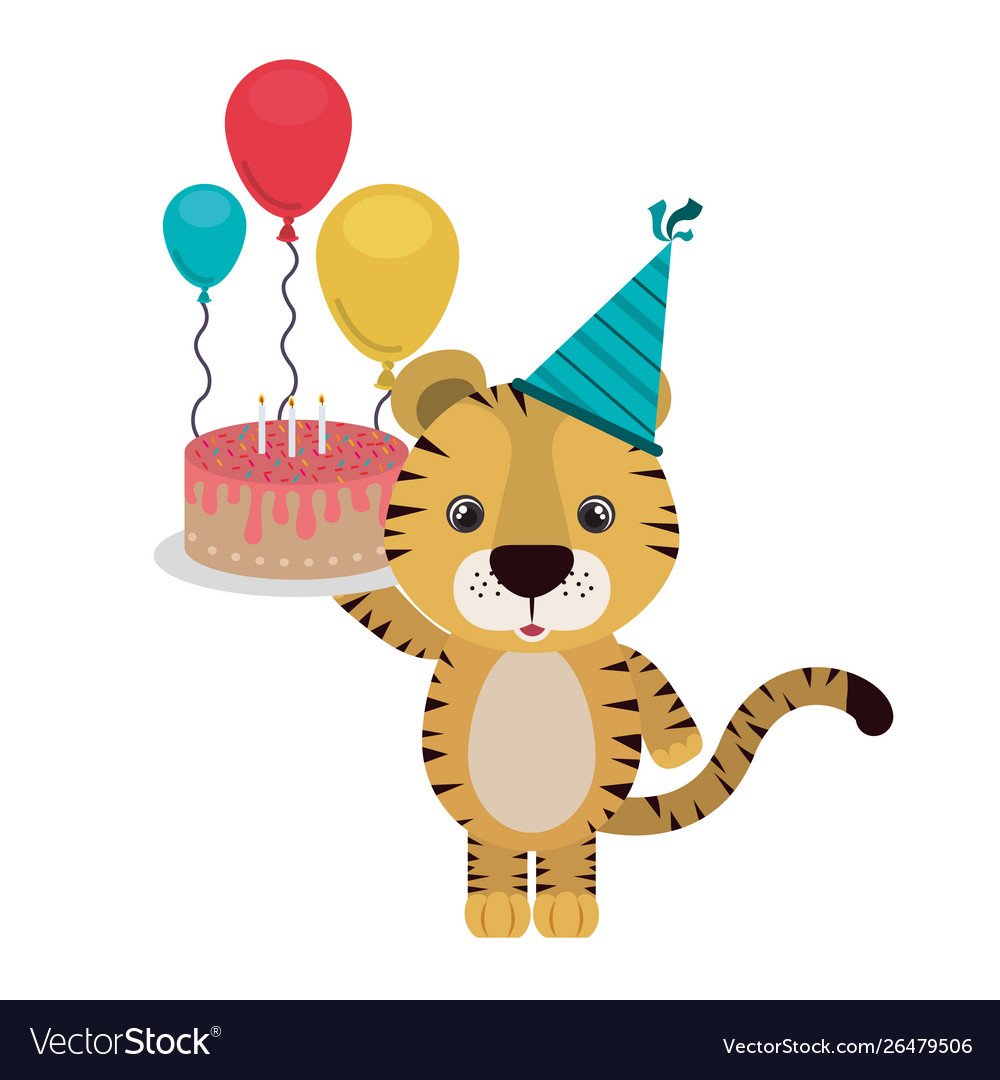 Cute tiger with party hat on white background Vector Image