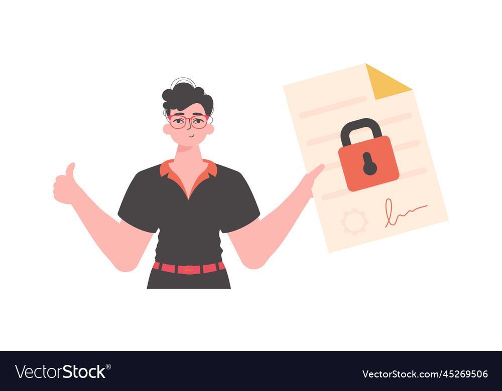 Man is holding a document smart contract data vector image Man is holding a document smart contract data