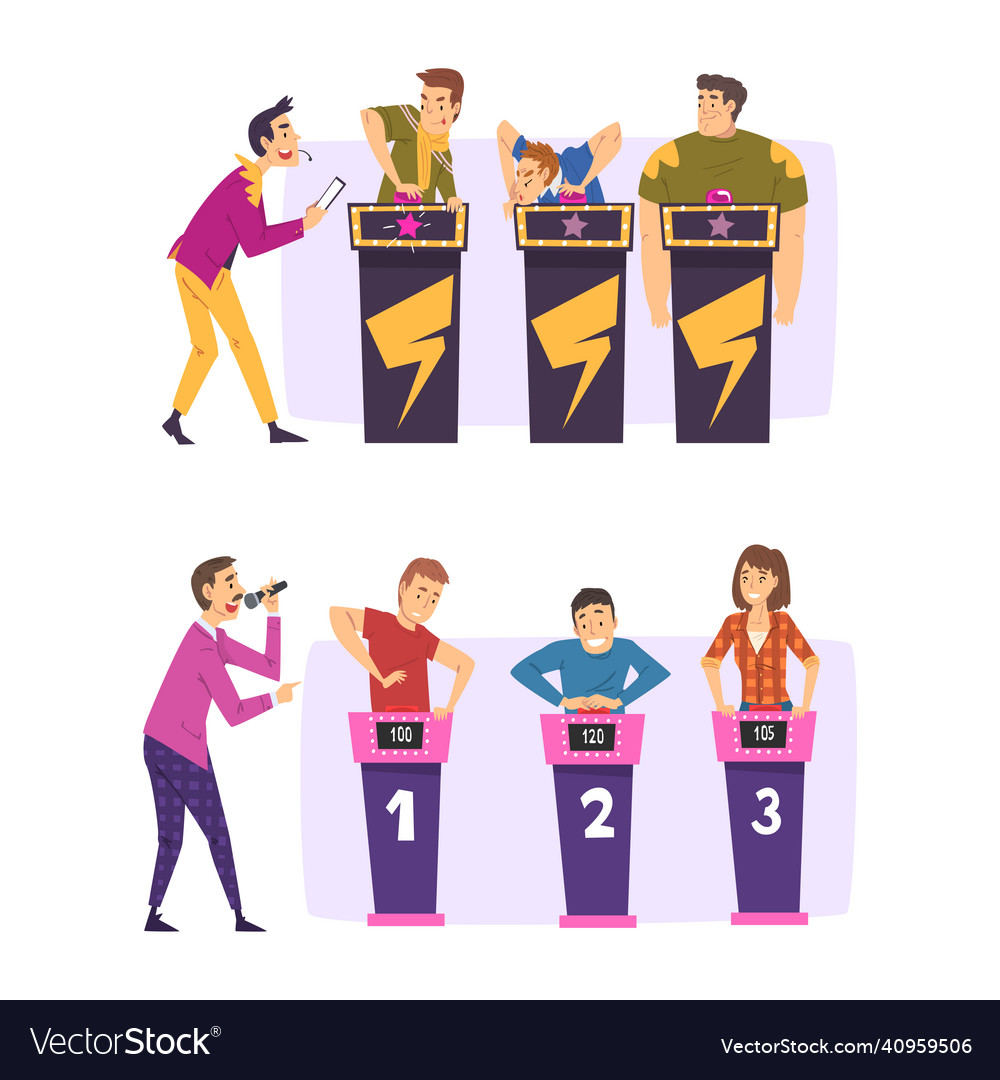 Quiz show host and player character standing ready vector image Quiz show host and player character standing ready