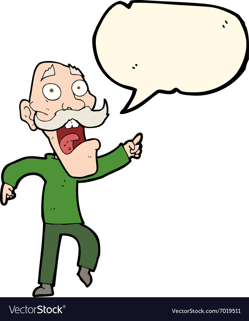 Cartoon frightened old man with speech bubble