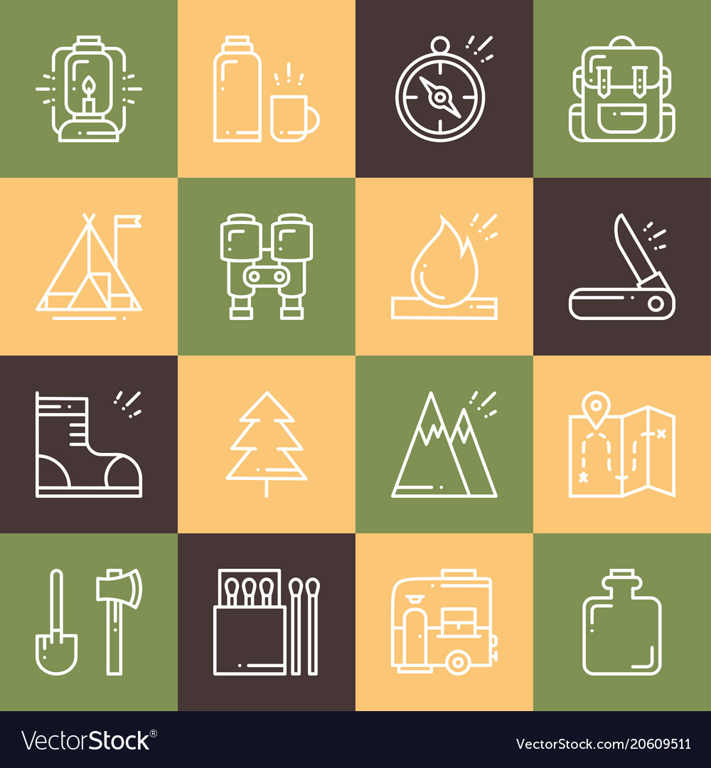 Wandern und Camping-Linie Icons im Freien Camp vector image Wandern und Camping-Linie Icons im Freien Camp