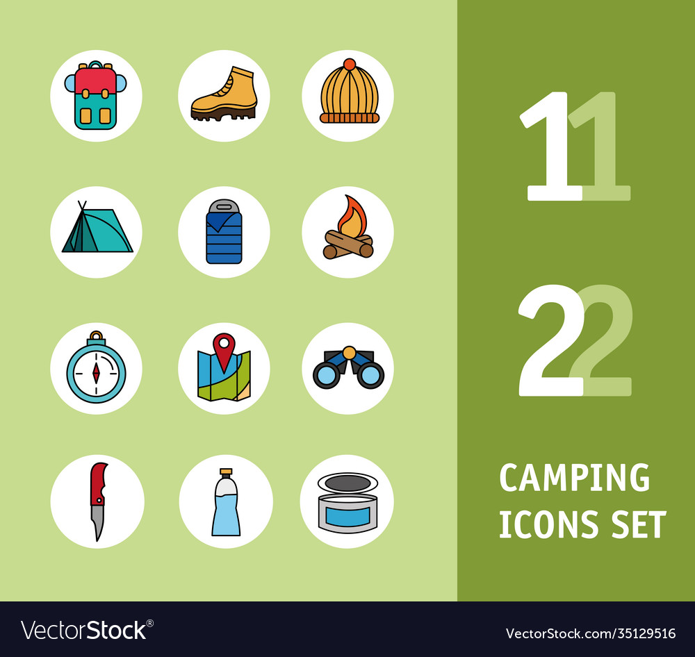 Bundle twelve camping set line and fill icons