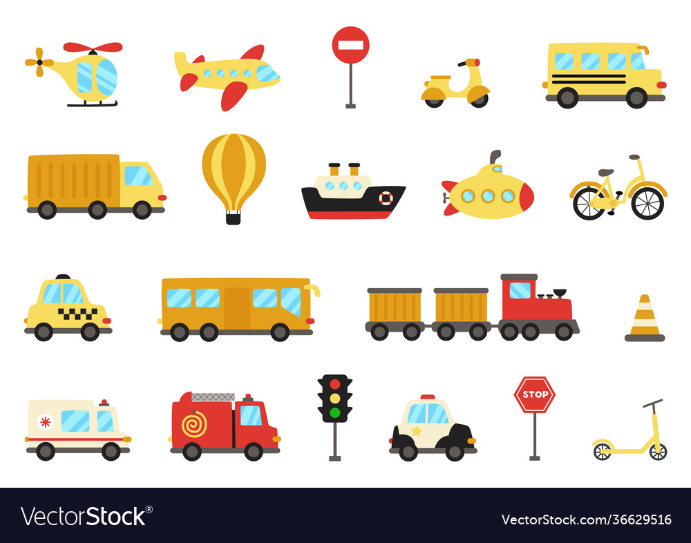 Set cute cartoon transportation means Royalty Free Vector